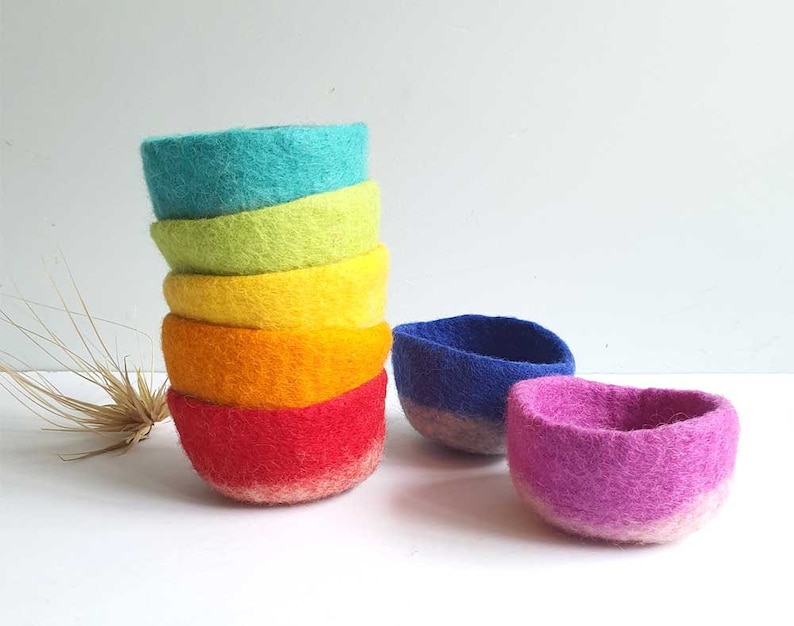 Sorting Felt Bowls Toy, RAINBOW Wool, Counting, Montessori Sensory Play. Learn Colours. Educational Open Ended, Pretend Cooking image 4