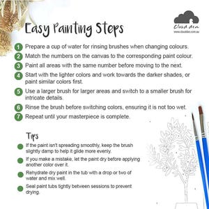 Puede incluir: Pasos f&aacute;ciles de pintura con instrucciones numeradas y consejos para pintar por n&uacute;meros. La imagen muestra un lienzo de pintura por n&uacute;meros con un &aacute;rbol y un vaso de agua para enjuagar los pinceles. Se muestran dos pinceles en el lado derecho de la imagen.