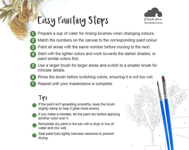 Puede incluir: Pasos f&aacute;ciles de pintura con instrucciones numeradas y consejos para pintar por n&uacute;meros. La imagen muestra un lienzo de pintura por n&uacute;meros con un &aacute;rbol y un vaso de agua para enjuagar los pinceles. Se muestran dos pinceles en el lado derecho de la imagen.