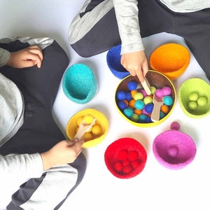 Sorting Felt Bowls Toy, RAINBOW Wool, Counting, Montessori Sensory Play. Learn Colours. Educational Open Ended, Pretend Cooking image 3