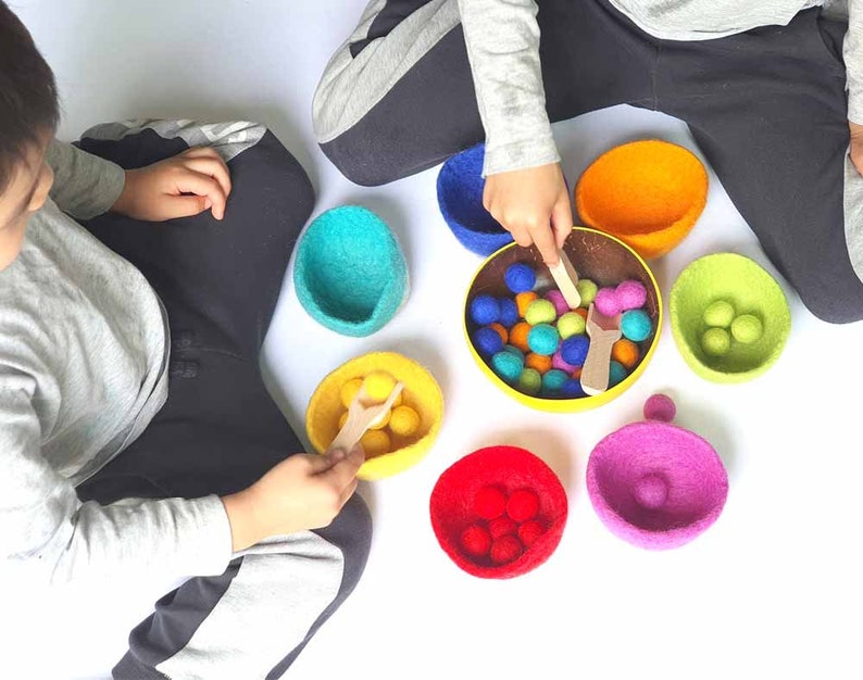 Sorting Felt Bowls Toy, RAINBOW Wool, Counting, Montessori Sensory Play. Learn Colours. Educational Open Ended, Pretend Cooking 画像 3