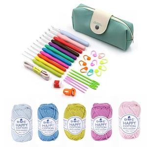 Crochet Kit & Happy Cotton Yarn Bundle - SOFT PASTEL, Knitting Hooks Kit Set, DIY Craft Supplies Needlework Starter Tools For Beginners