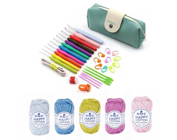 Crochet Kit & Happy Cotton Yarn Bundle - SOFT PASTEL, Knitting Hooks Kit Set, DIY Craft Supplies Needlework Starter Tools For Beginners