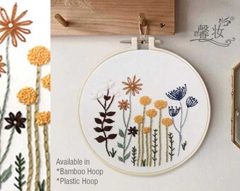 Embroidery Kit Starter Hoop, DIY Craft Supply, Floral Plant COUNTRY YELLOW, Beginners, Cross stitch, Neutral Nature Scandi Home Decor