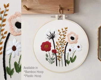 Embroidery Hoop Starter Kit, DIY Craft Supply, Floral Plant COUNTRY RED, Beginners, Cross stitch, Nature Neutral Scandi Decor Gift For Her