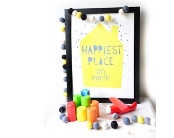 Yellow HAPPIEST Art Print Illustration  < A3 > Nursery decor, Kids Art Print, Kids Room decor, Baby, Wall Art, Poster, Boys Room Decor