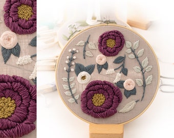 Embroidery Kit PURPLE FLORAL plant, Starter Kit Embroidery pattern with Hoop, Needlework DIY Craft Kit, Beginners, flower Nature Home Decor