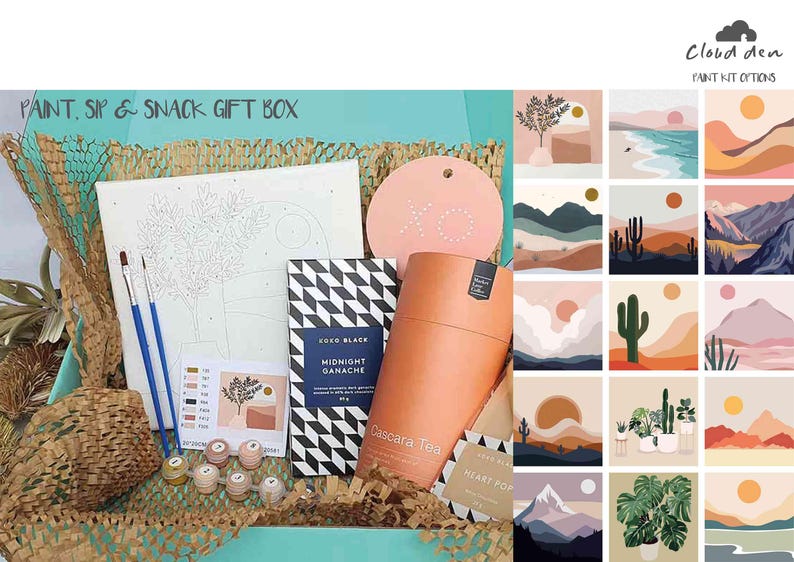 Puede incluir: Una caja de regalo de pintura, bebida y aperitivos con un lienzo de pintura por n&uacute;meros, una barra de cacao y ganache, una bolsita de t&eacute; y un posavasos en forma de coraz&oacute;n. La caja tambi&eacute;n incluye pinceles, botes de pintura y una variedad de aperitivos. La caja est&aacute; decorada con un material tejido marr&oacute;n y beige.