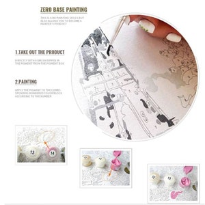 Puede incluir: Un primer plano de un kit de pintura por n&uacute;meros con botes de pintura numerados y un lienzo con secciones numeradas. Las instrucciones dicen "Zero Base Painting" y "Esto es un kit de pintura sin necesidad de habilidades, pero tambi&eacute;n te permite convertirte en un pintor".