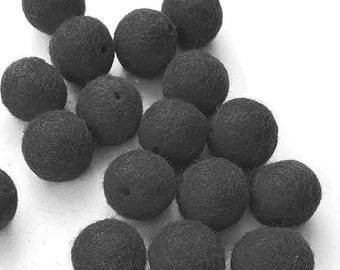 Felt Balls with HOLES x20. BLACK 2cm. Wool beads. Kids Craft Beading.