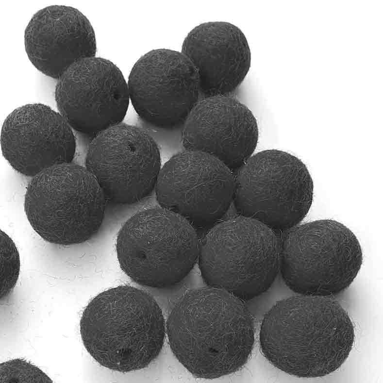24 Beautiful Bead Crafts for Kids 15 Felt Balls with HOLES x20. BLACK 2cm. Wool beads. Kids Craft Beading.