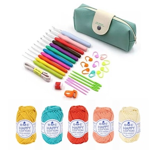 Crochet Kit & Happy Cotton Yarn Bundle - BRIGHT, Knitting Hooks Kit Set, DIY Craft Supplies Needlework Starter Tools For Beginners