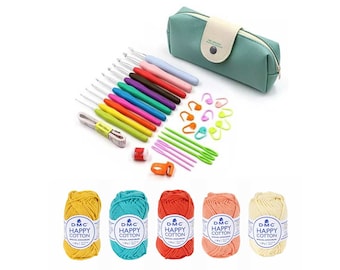 Crochet Kit & Happy Cotton Yarn Bundle - BRIGHT, Knitting Hooks Kit Set, DIY Craft Supplies Needlework Starter Tools For Beginners