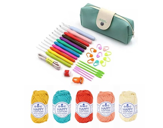 Crochet Kit & Happy Cotton Yarn Bundle - BRIGHT, Knitting Hooks Kit Set, DIY Craft Supplies Needlework Starter Tools For Beginners