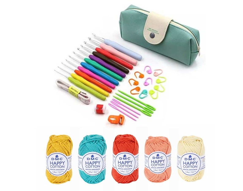 Kit per uncinetto e filato Happy Cotton - BRIGHT, kit di uncinetti per lavorare a maglia, strumenti per principianti e forniture per lavori fai da te immagine 1