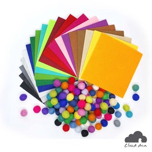 May include: A variety pack of felt squares in assorted colors, including red, green, blue, yellow, orange, pink, purple, brown, and gray. The felt squares are arranged in a fan shape, with a large orange felt square in the center. There are also a large number of colorful wool balls scattered around the felt squares.