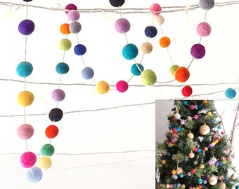 Felt Balls Garland. Christmas garland 50 Felt Balls 3 METRES Pom Pom Rainbow Party Decoration, Wedding, Nursery Decor Colourful Mixed Colour