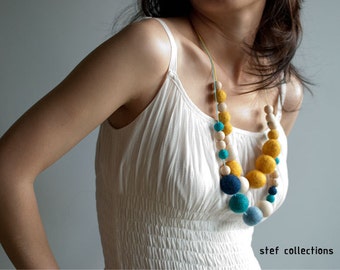 Felt Balls Necklace. Blue + Mustard Yellow Necklace. Wooden Bead Necklace. Chunky Necklace. Large Bead Necklace.