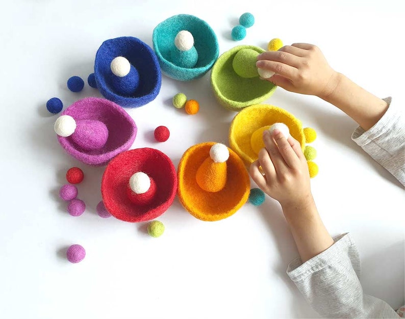 Sorting Felt Bowls Toy, RAINBOW Wool, Counting, Montessori Sensory Play. Learn Colours. Educational Open Ended, Pretend Cooking 画像 10