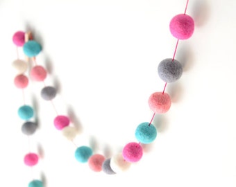 Mint Pink Felt Ball Garland. PRINCESS Garland. Girls Room Decor. Girls Nursery Decor. Kids Room. Pom Pom Garland. Home Decor.