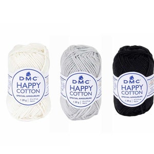 Paquete de hilo DMC Happy Cotton - NEGRO, gris y blanco, hilo para tejer a crochet, hilo para amigurumi, suministros para manualidades, hilo para coser