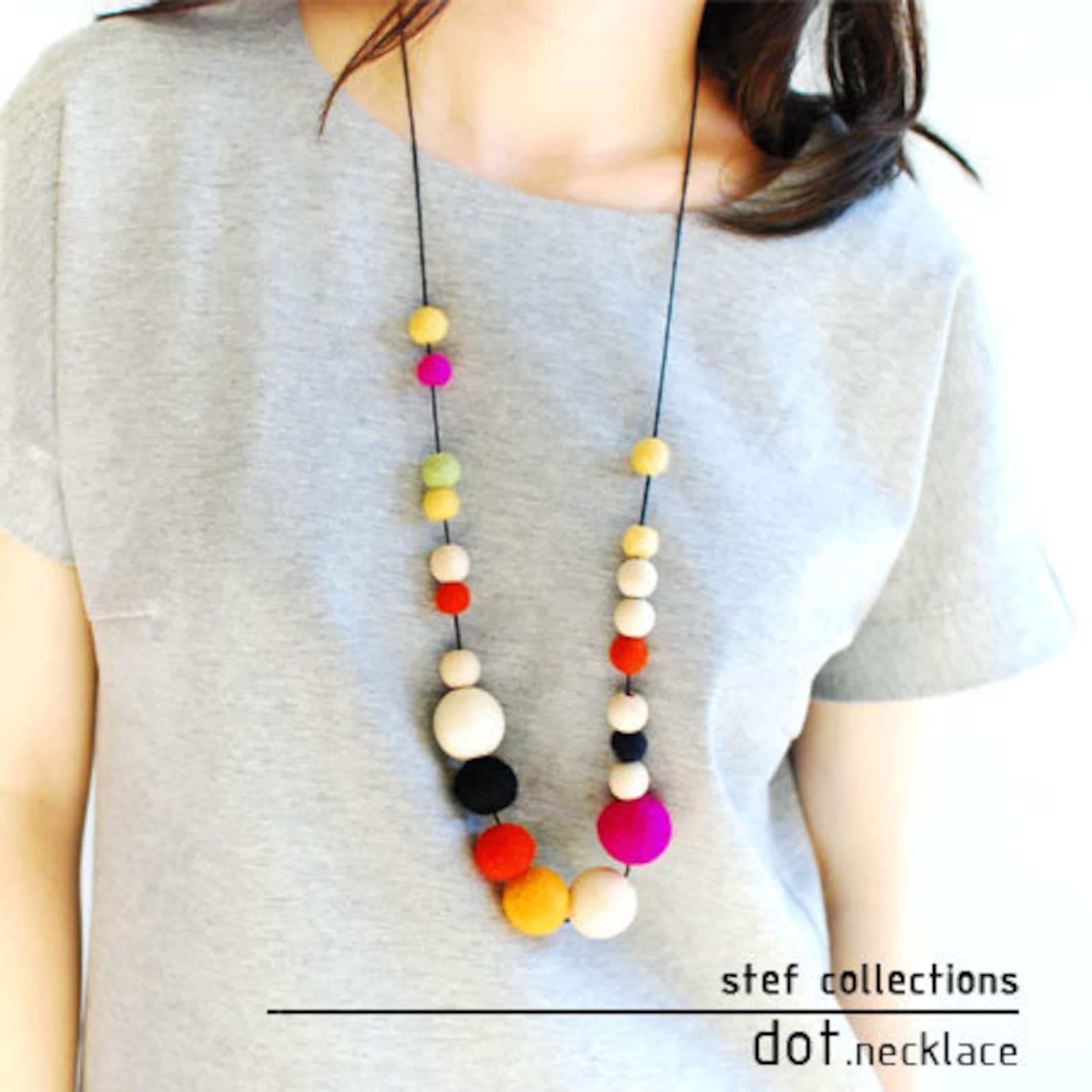 Colourful Necklace. Felt Ball Necklace. Wooden Bead Necklace. Etsy