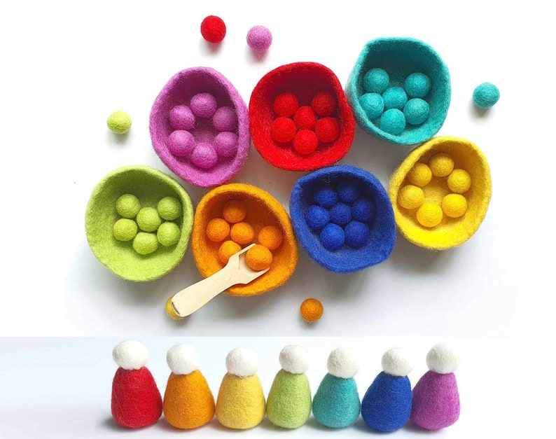 Sorting Felt Bowls Toy, RAINBOW Wool, Counting, Montessori Sensory Play. Learn Colours. Educational Open Ended, Pretend Cooking 画像 1