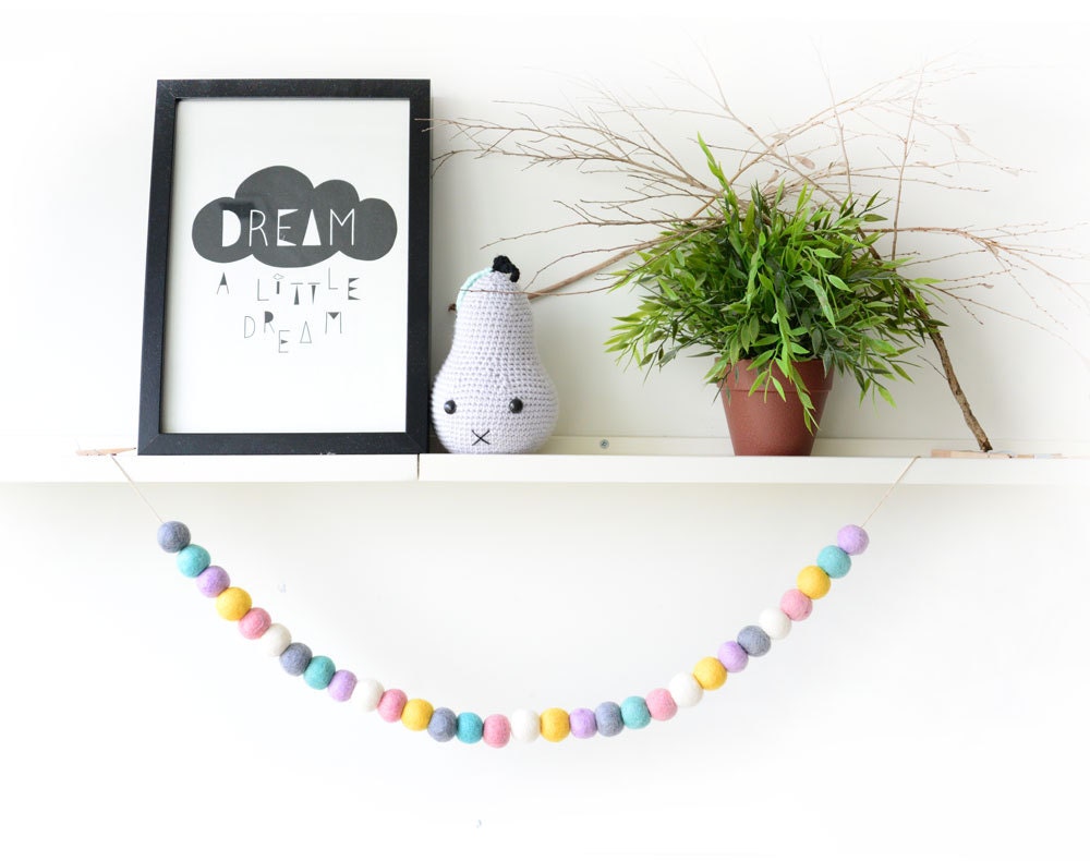 Pastel White Bead Garland. Felt Balls Baby Nursery. Kids Room. Decor. Children Room Homewares Gift