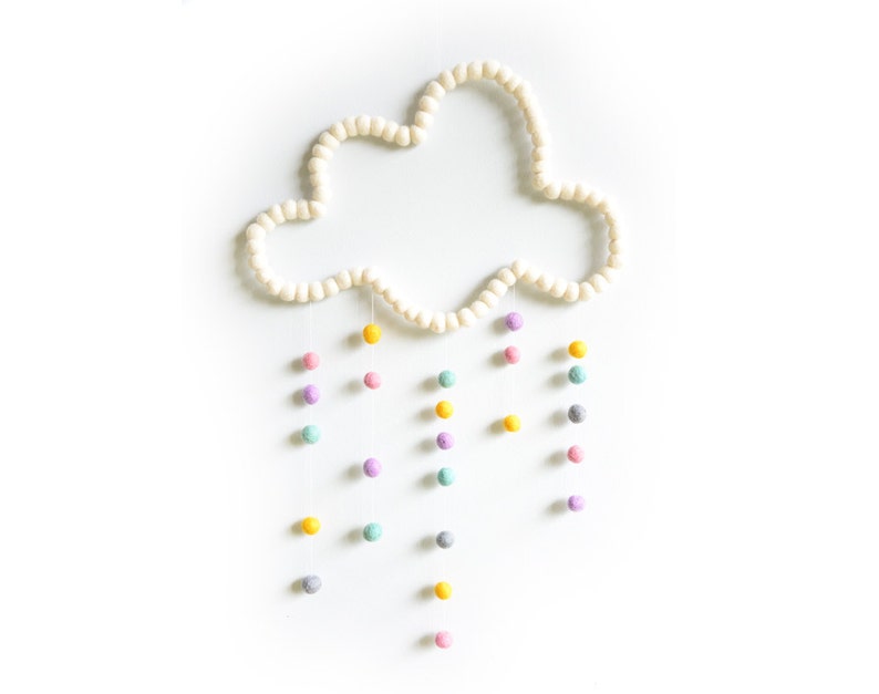 Cloud Mobile. Blanc. Nursery Mobile. Chambre bébé enfants. Décor de bébé. Mobile coloré. Chambre pour enfants. Cadeau homewares. Pom-poms feutres image 2