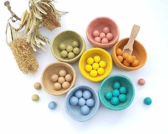 Sorting Felt Bowls Toy, EARTH PASTEL Wool, Counting, Montessori Sensory Play. Learn Colours. Educational Open Ended, Pretend Cooking