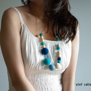 Felt Balls Necklace. Blue Necklace. Wooden Bead Necklace. Blue Skies Necklace. Chunky Necklace. Large Bead Necklace. image 1