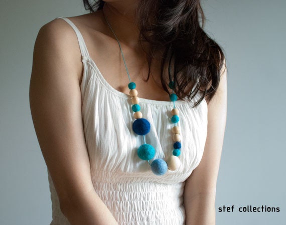 Felt Balls Necklace. Blue Mustard Yellow Necklace. Wooden Bead Necklace. Chunky Necklace. Large Bead Necklace. Etsy Canada
