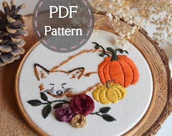 PDF Sleepy Fox Embroidery Pattern, Fall Pumpkin Embroidery, Autumn Fox Embroidery, Step by Step Guide & YouTube Video, Beginner Friendly