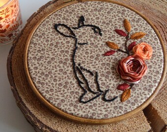 Autumn / Fall Rabbit Embroidery Hoop, Bunny Embroidery, Woodland Embroidery, Floral Embroidery, Finished Embroidery Hoop (6" Hoop)