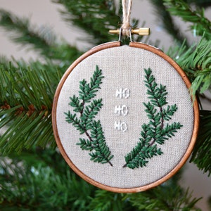 Christmas Ho Ho Ho Embroidery Ornament, Tree Decoration, Christmas Wreath, Pine Tree Embroidery, Christmas Gift, Festive Decor 4 Hoop image 1