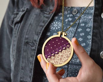 Purple Polka Dot Necklace, Vintage Necklace, Statement Necklace, Wooden Necklace, Embroidery Hoop, Geometric Necklace, Unique Gift Idea