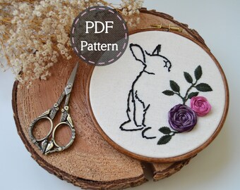 PDF Rose Bunny Embroidery Pattern, Rabbit Embroidery, Floral Embroidery, Easter Bunny, Step by Step Guide & YouTube Video, Beginner Friendly