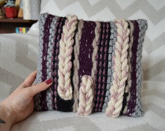Almohada tejida, cojín tejido, almohada de lana gruesa, almohada púrpura, tejido a mano, cojín a rayas, almohada boho, regalo de Navidad, almohada decorativa