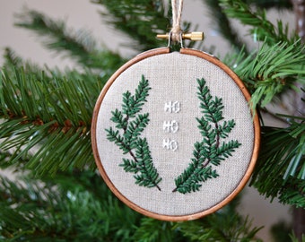 Christmas Ho Ho Ho Embroidery Ornament, Tree Decoration, Christmas Wreath, Pine Tree Embroidery, Christmas Gift, Festive Decor (4" Hoop)