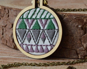 Geometric Necklace, Embroidered Necklace, Aztec Pattern Necklace, Mini Embroidery Hoop Necklace, Statement Necklace, Fabric Necklace