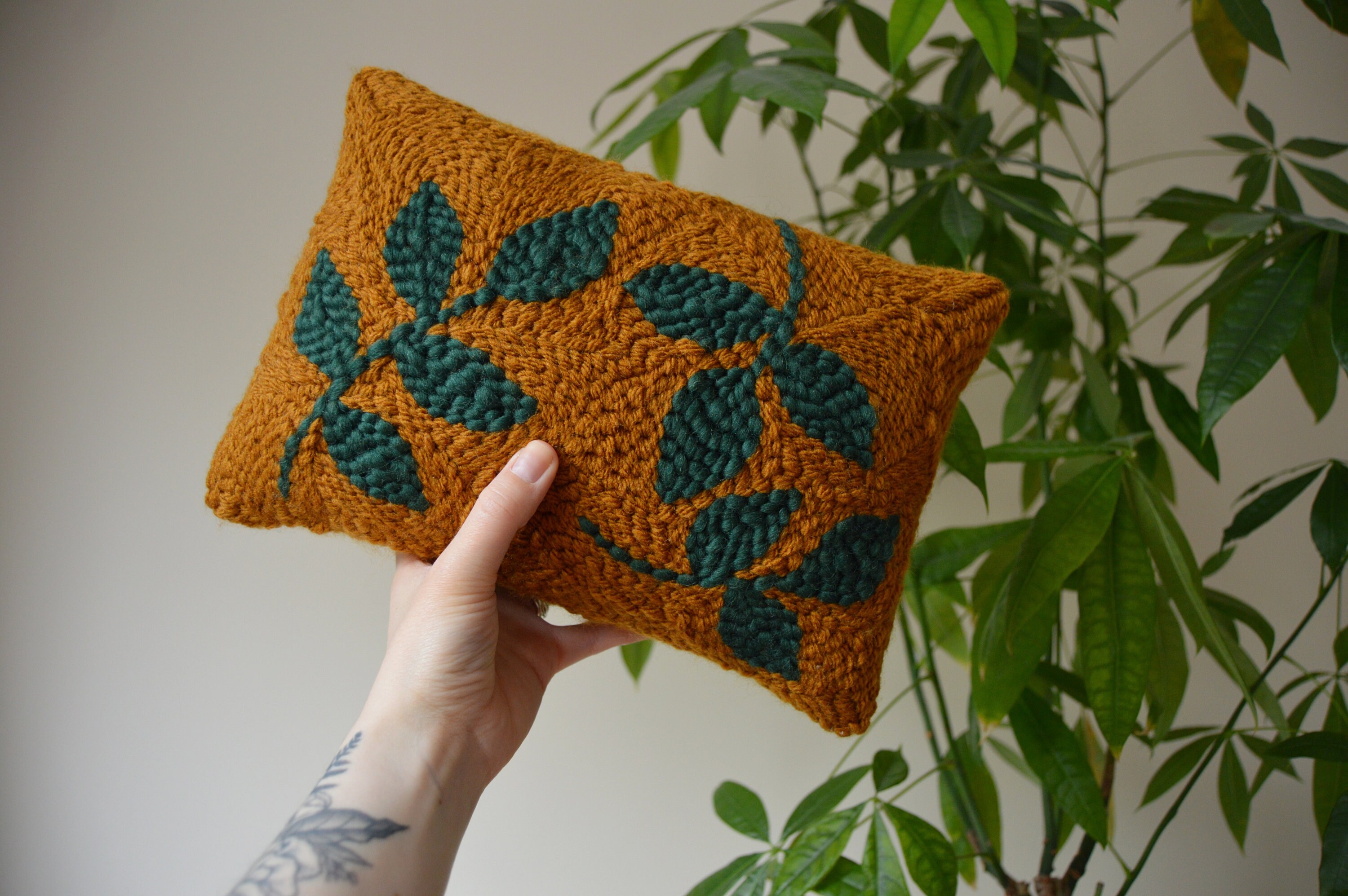 Punch Needle Leaf Pillow, Punch Needle Cushion, Leaves Embroidery