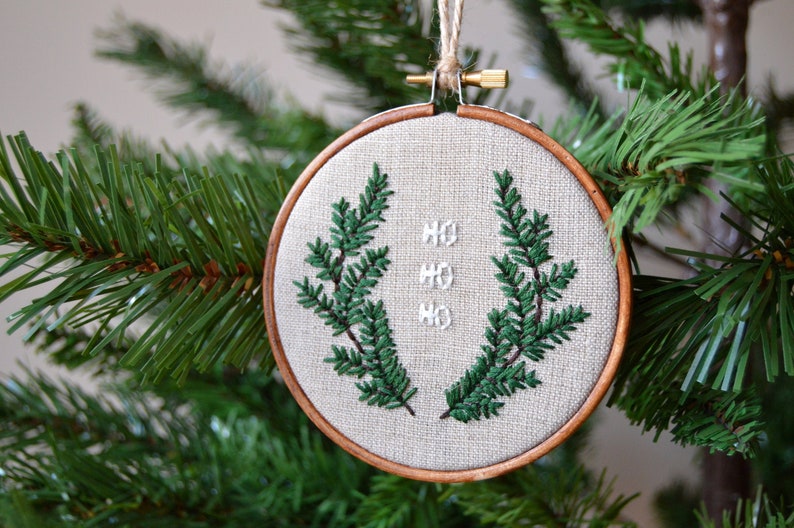 Christmas Ho Ho Ho Embroidery Ornament, Tree Decoration, Christmas Wreath, Pine Tree Embroidery, Christmas Gift, Festive Decor 4 Hoop image 1