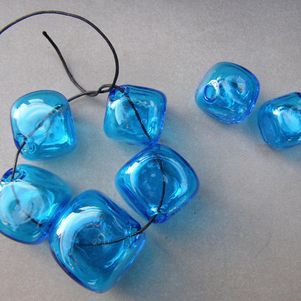 Hollow beads-hollow glass beads-Lampwork blown glass cube shaped hollow beads-Acqua