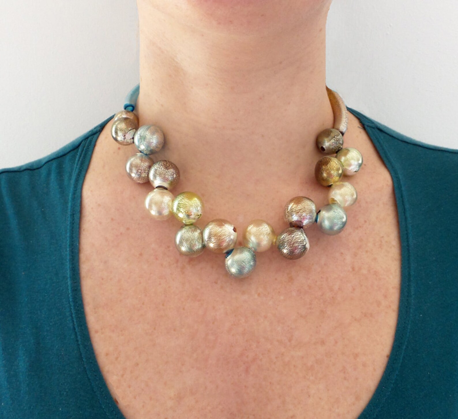 Bubble Glass Necklacewhite Gold Leaf Lampwork Etsy