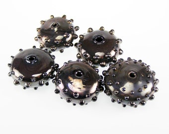 Hollow glass beads-Blown beads- Lampwork glass dotted metallic black hollow beads-set of 5