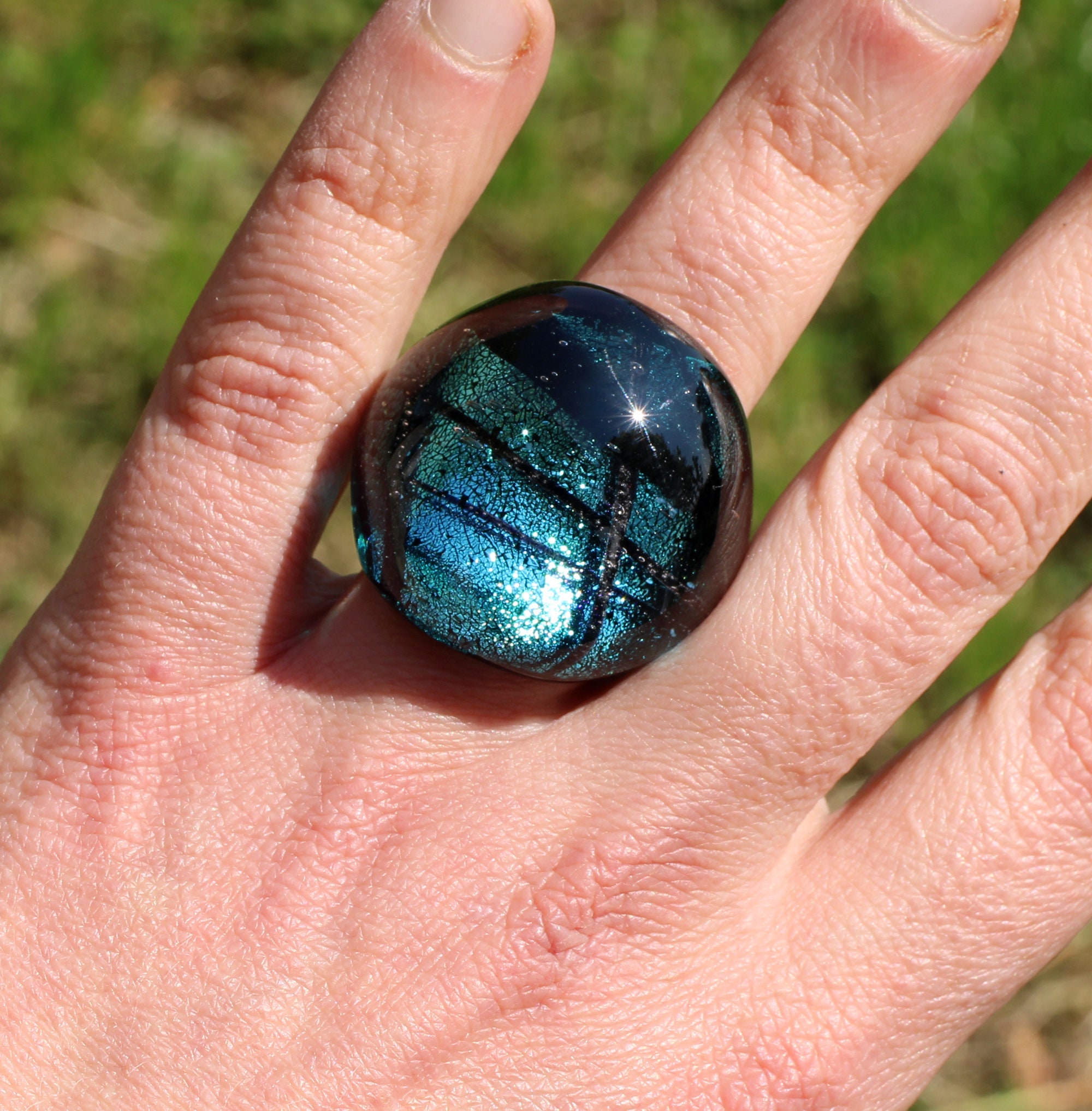 Murano Clear Glass Ring, Modern Transparent Colorful Polka