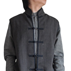 ChomThong Hand Woven Cotton Standing Collar Long Vest Sleeveless Jacket  (JFS-079)