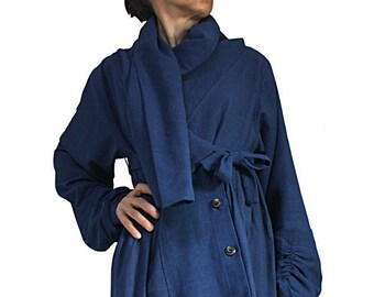 Indigo Dye ChomThong Hand Woven Cotton Flowing Coat with Belt (JNN-096-03)