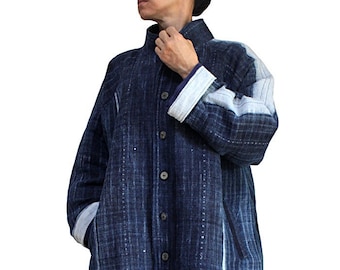 Indigo Batik dyeing Handwoven Hemp 100% Simple Coat  (JNN-095-04)