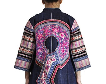 Indigo Hemp Coat made from Old Hmong Embroidered Fabric (JHM-015-04,09)